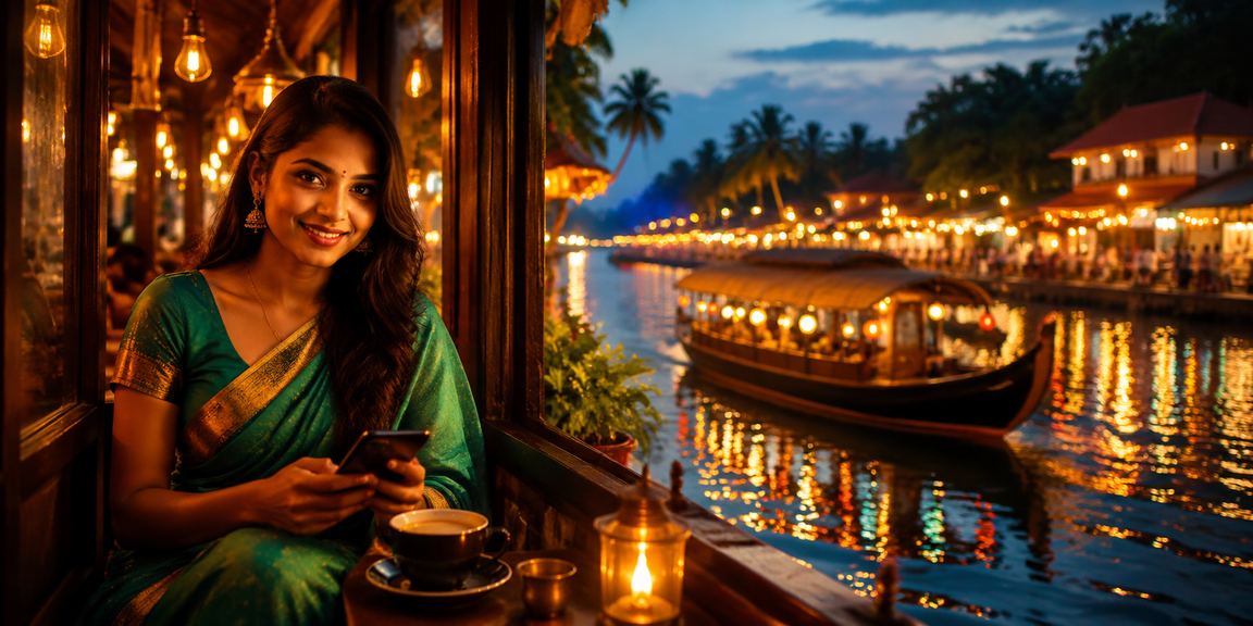Kerala backwaters mobile payment concept showing modern wallet apps